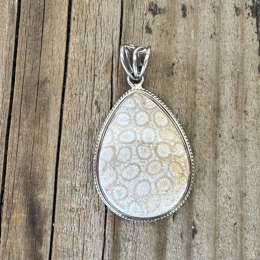 Fossilized Coral Pendant Sterling Silver Teardrop Large Bail Natural
